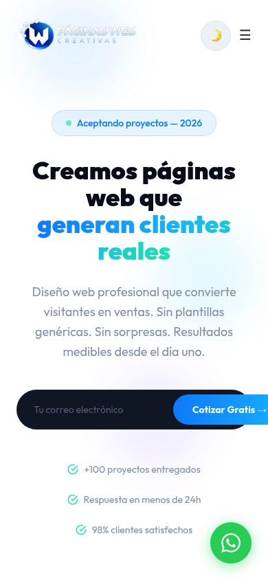 Páginas Web Creativas — mobile view